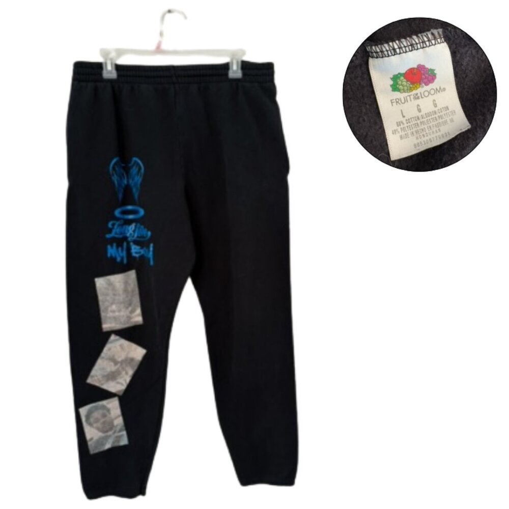 Fruit of the Loom Black Sweatpants Large Custom Graphic Long Live My Boy